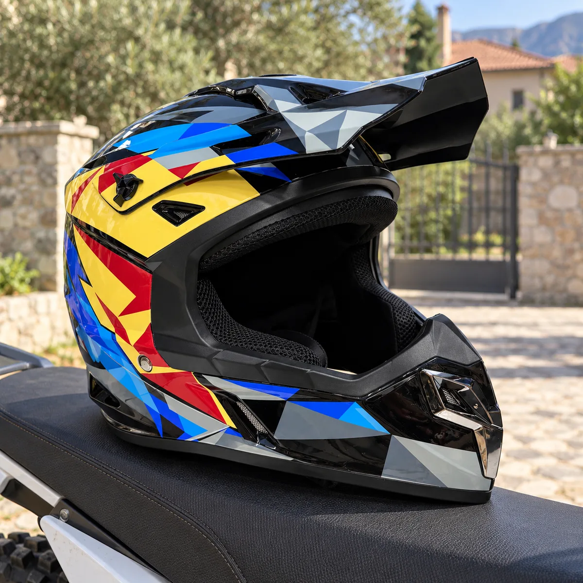 Kaciga za motokros – višebojni geometrijski dezen