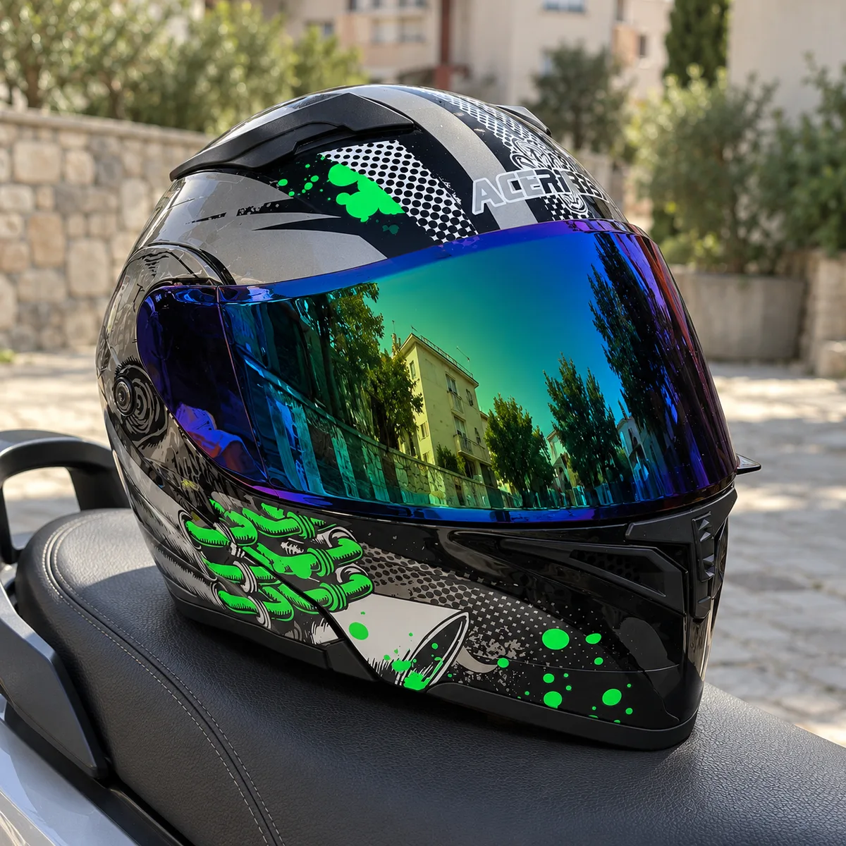Kaciga za motor – sivo-crna, zeleni dezen, reflektujući vizir